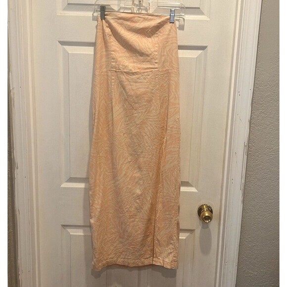 Urban Outfitters Womens Strapless Dress Large Pink Linen Viscose Thigh Slit - Picture 1 of 9